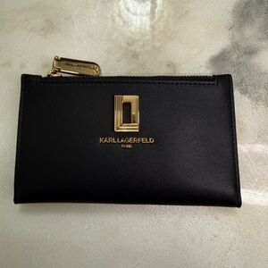 Karl Lagerfeld Paris Black Leather Zip Wallet Gold Logo